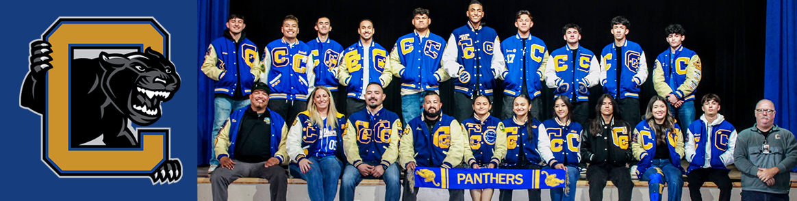 CHS panther logo next to happy students in letterman jackets on stage next to principal